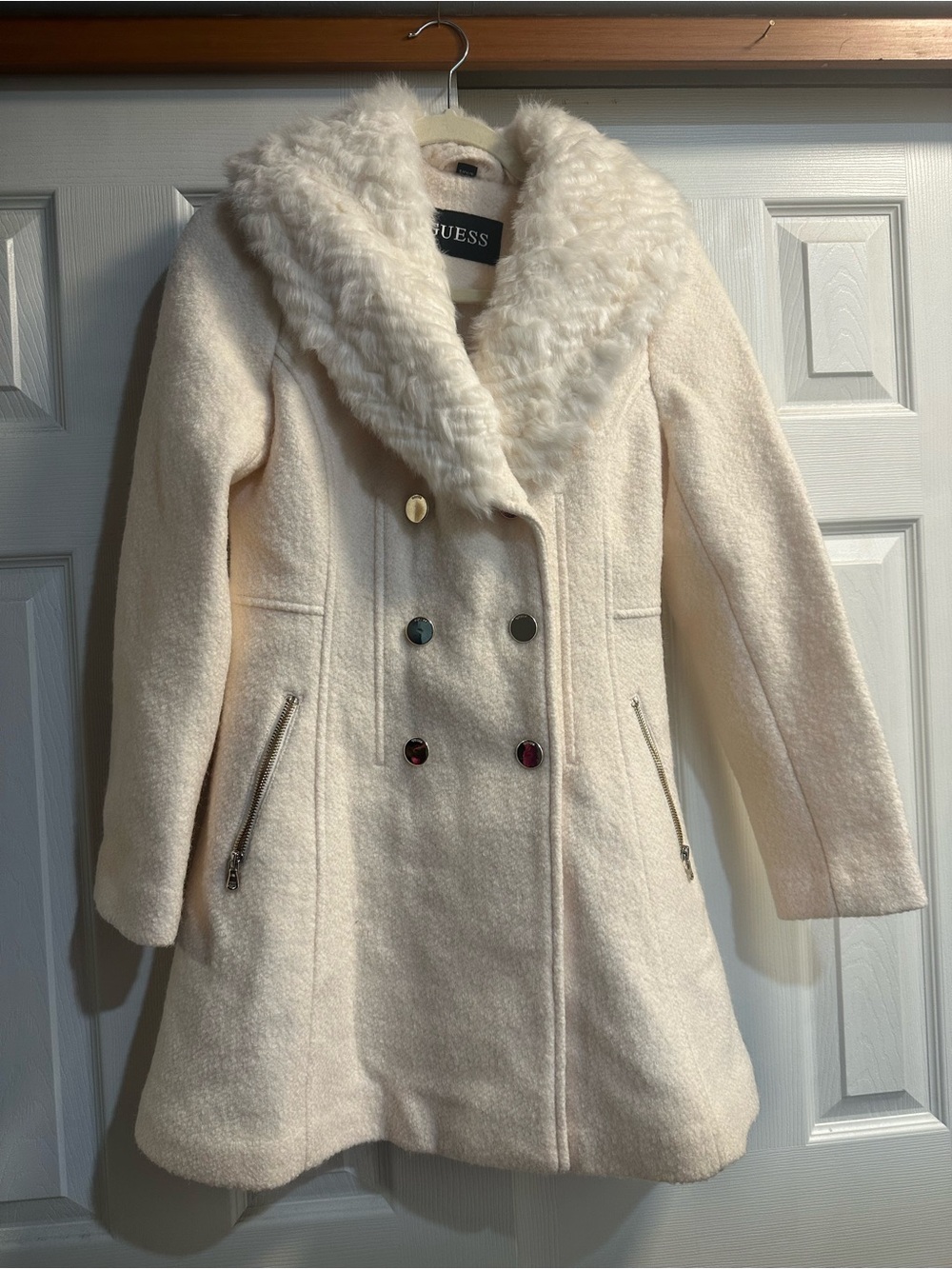 GUESS Cream Faux-Fur Collar Double-Breasted Pea Coat